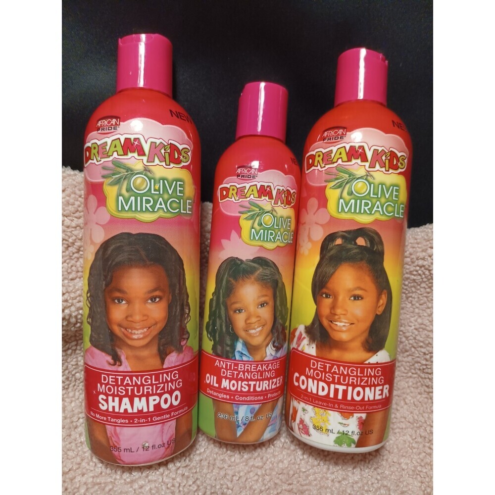 African Pride Dream Kids Olive Miracle Shampoo Conditioner Oil Moisturizer 3pk
